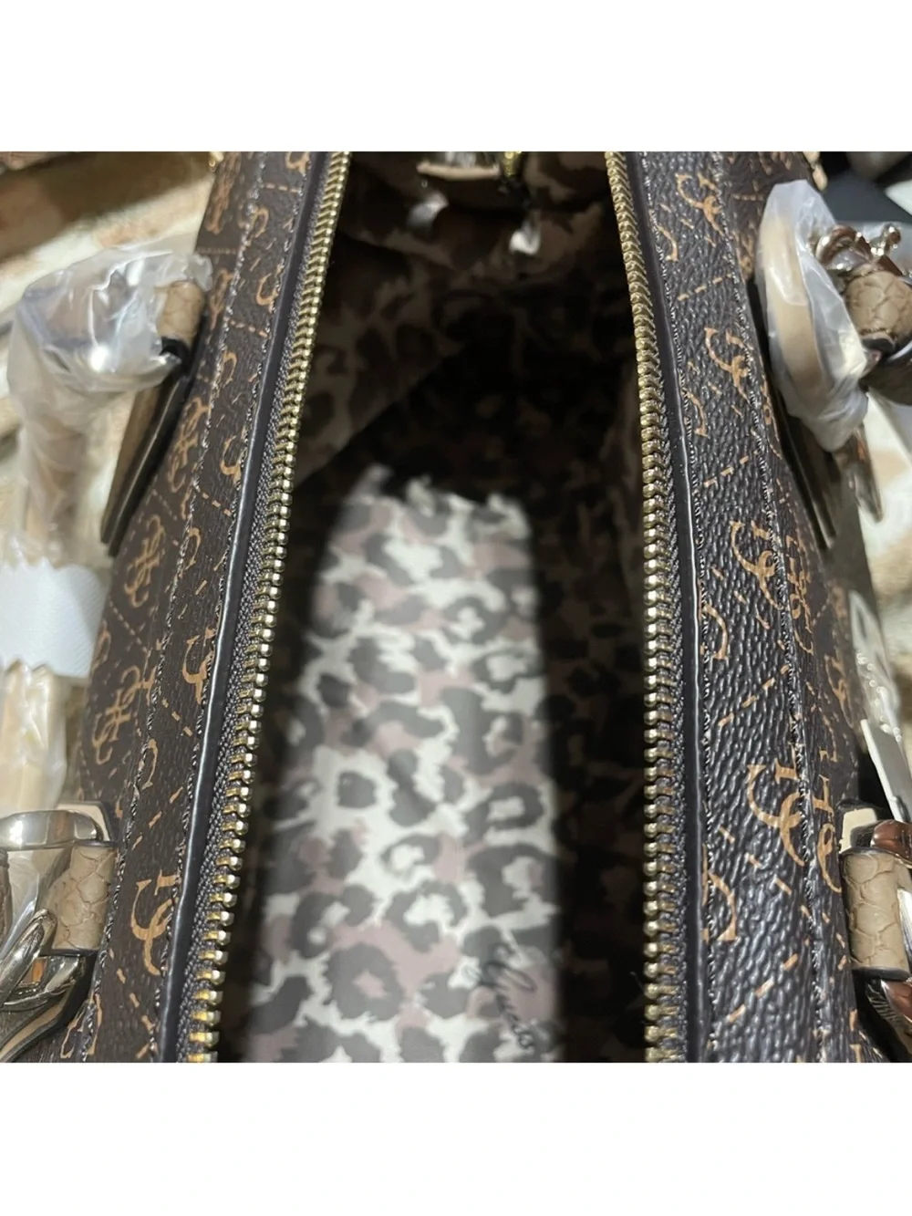 GUESS Brown Monogram Satchel with Gold Hardware